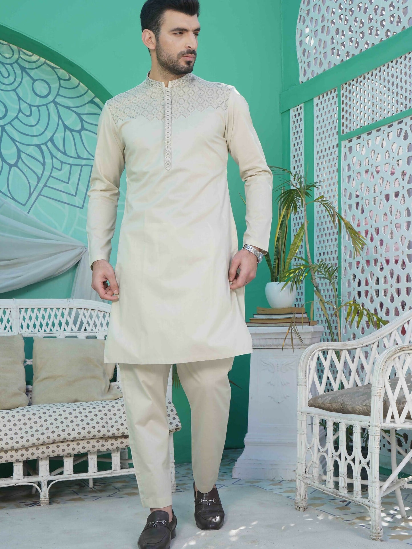 Fabrich Men Embroidered Cotton Unstitched Shalwar Kameez-GTS-B-026