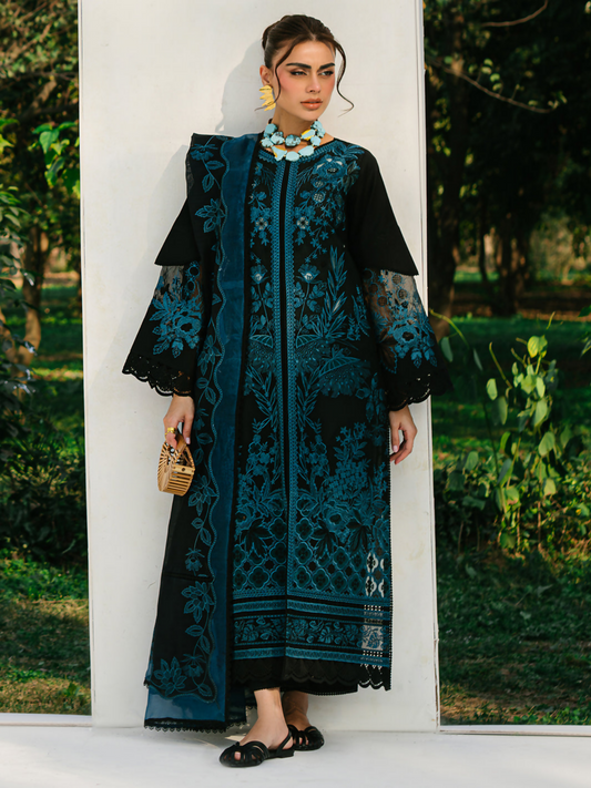 Laser embroidered lawn suit with organza lace details and embroidered dupatta, paired with a dyed cotton trouser.