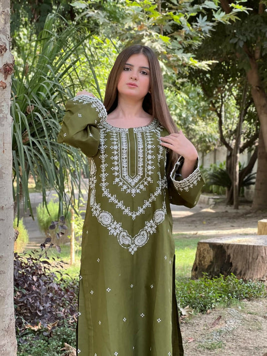 Tehzeeb Libas Cotton Lawn Embroidered Stitched 2-Piece Suit-OLIVE