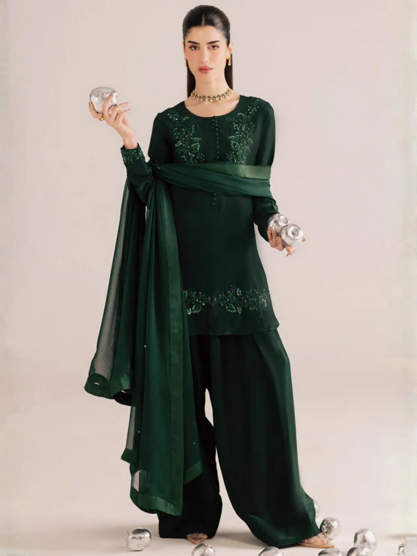Allure By IH Silver Night Tussel Silk Embroidered Stitched 3-Piece Suit-Forest