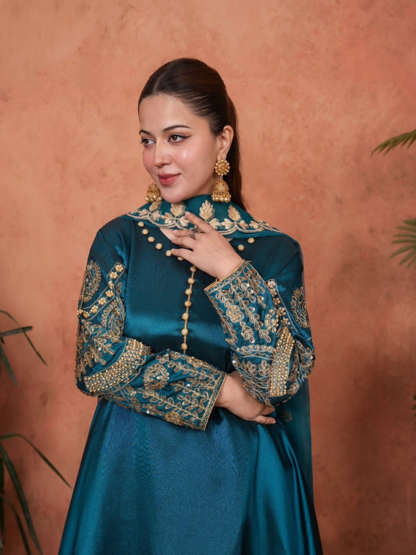 Stylish Collection Majeste Silk Embroidered Maxi-Zuri Teal