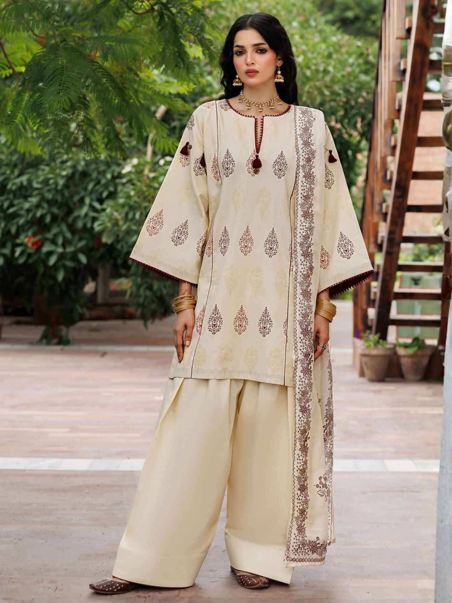Cream Panache Apparel Noor Mahal Cotton Printed Stitched Suit-Razeen