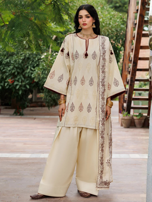 Cream Panache Apparel Noor Mahal Cotton Printed Stitched Suit-Razeen