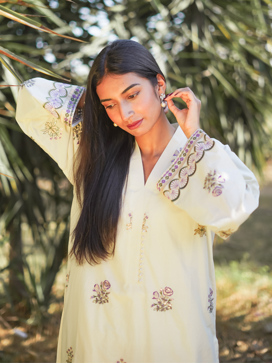 Kachy Dhaagy 2-piece embroidered lawn with embroidered neckline, sleeves, and trousers.