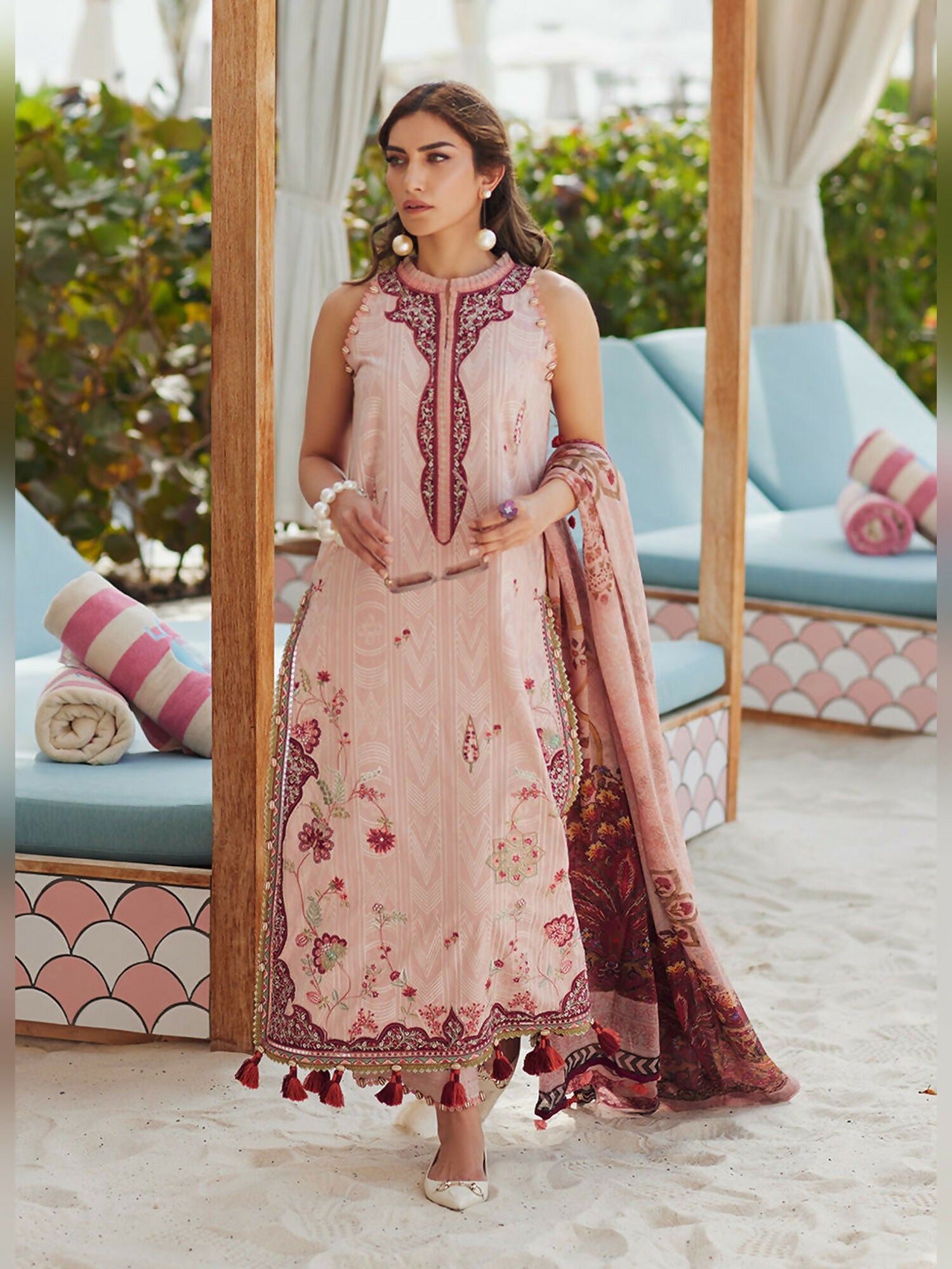 Priscilla Tea Pink unstitched jacquard lawn outfit with appliqué embroidery and chiffon dupatta by Farah Talib Aziz