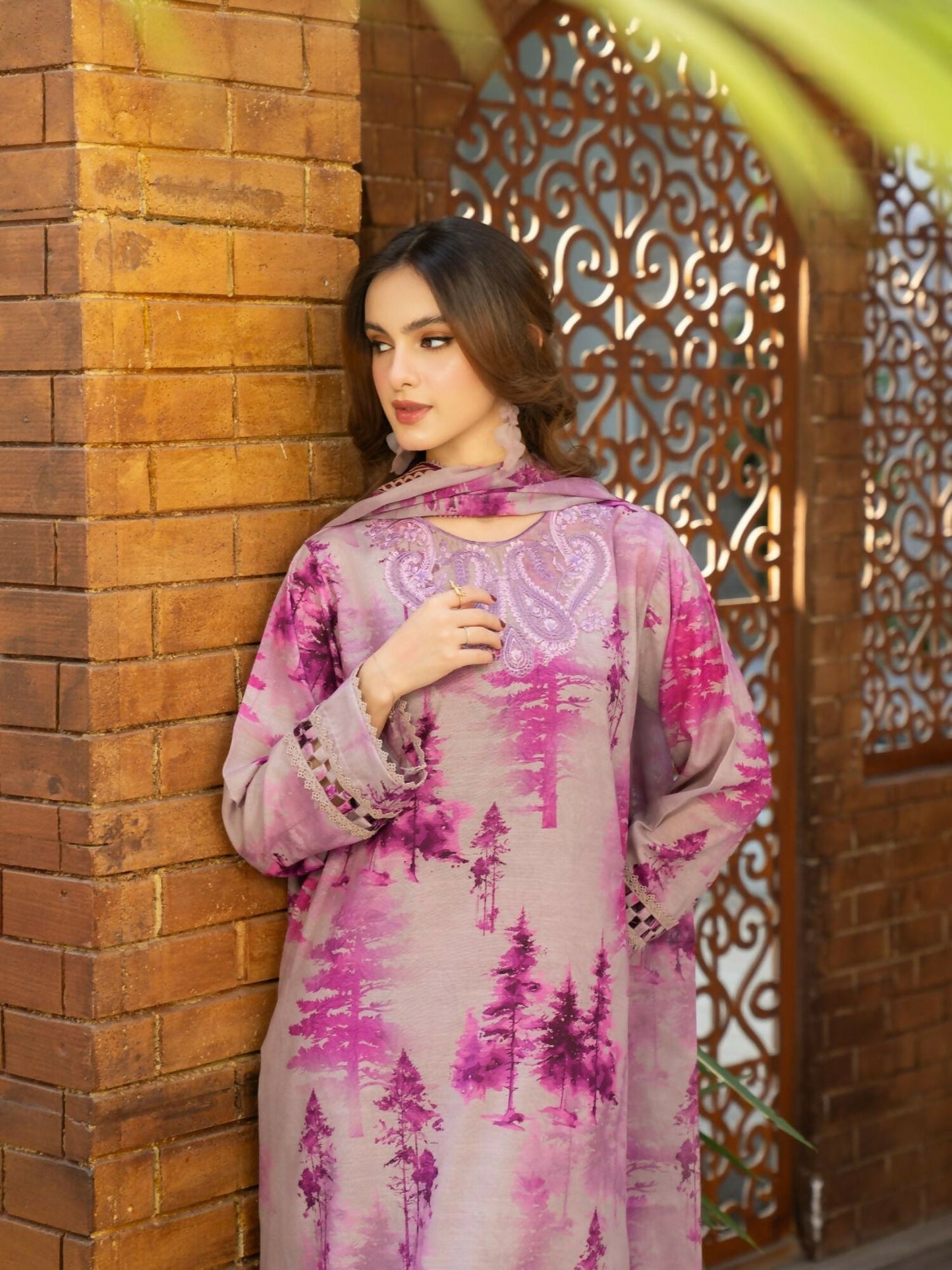 Panache Apparel Cambric Lawn Printed Stitched Suit-Haze