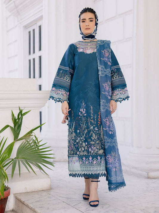 Unstitched 3-piece embroidered suit with printed lawn shirt, embroidered slub net dupatta, and printed cambric trouser.