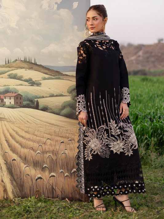 Unstitched 3-piece embroidered suit with detailed embroidered lawn shirt, dyed cambric trouser, and printed silk dupatta.
