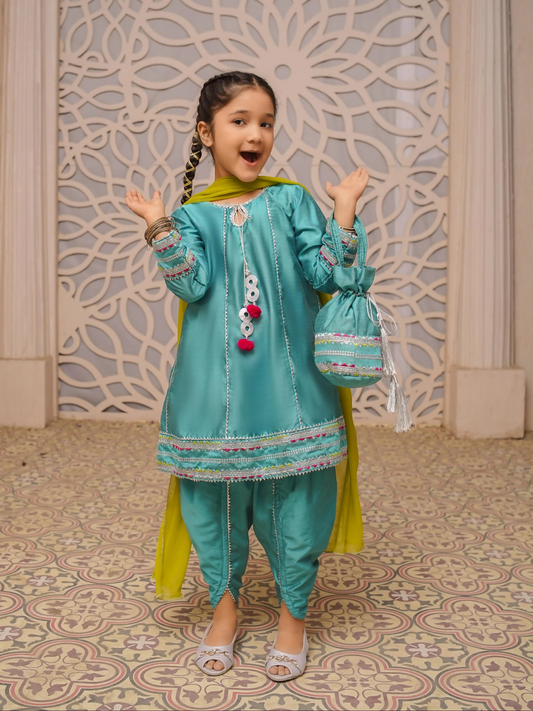 Kidoz Kloset Cotton Silk Embroidered Stitched 3-Piece Suit-Ocean Breeze-Girl