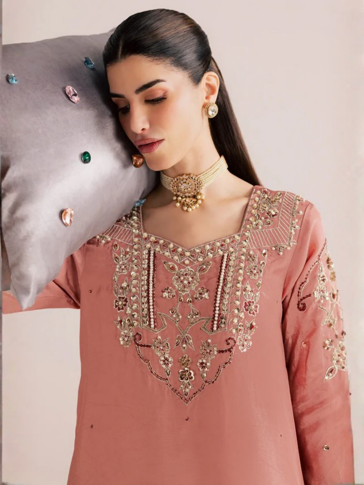 Allure By IH Silver Night Tussel Silk Embroidered Kaftan Set-Picante
