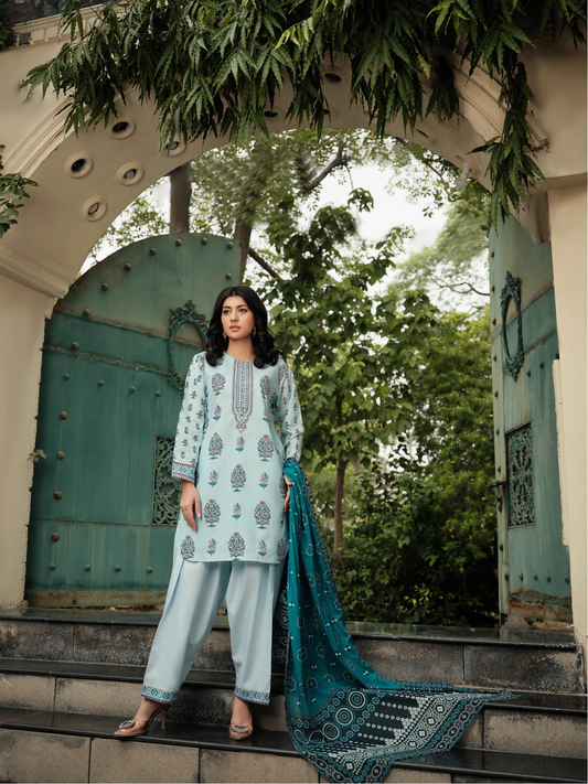 Unstitched 3-piece suit featuring a digital printed lawn shirt with coordinated patterns, a contrasting digital printed dupatta, and a plain dyed trouser for a polished and graceful look.