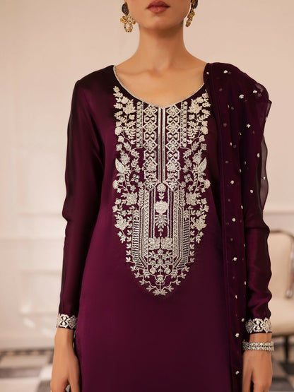 Allure By IH Be-My-Guest Thai Silk Embroidered Stitched 3-Piece Suit-Raisin