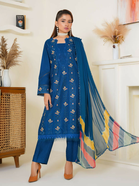 Stitched 3-piece suit featuring celestial cotton kurta, chiffon dupatta, and matching cotton trousers with radiant elegance