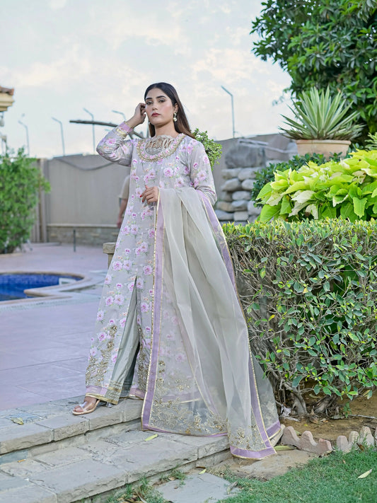 Farooq Hameed Studio Silk Embroidered Stitched 3-Piece Suit-Irana