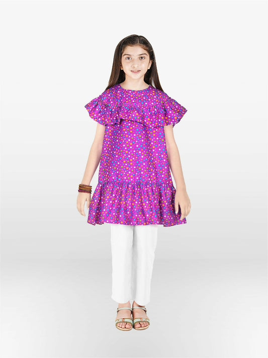 Purple and Multi Polka Dots Velvour Girls Printed Stitched Kurti Tunic-VG-99B