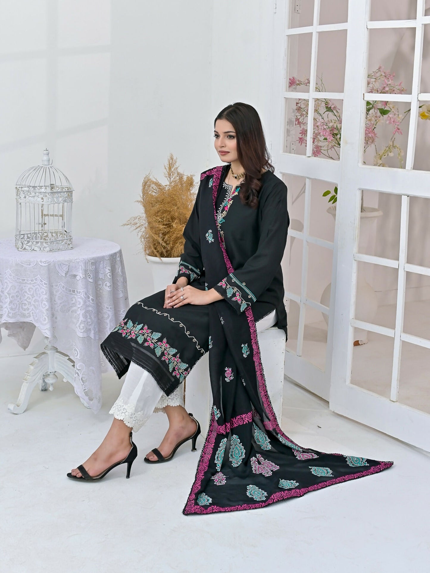 Ruby's Couture Chamak Dhamak Khadi Silk Embroidered Stitched 3-Piece Suit-Marvi