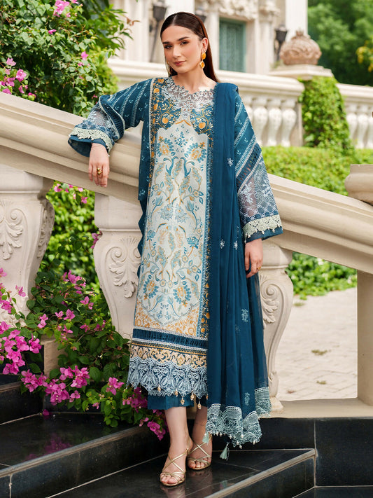 Parishay Ivy Bloom Winter unstitched 3-piece suit with embroidered neckline, front border, sleeve patch, chiffon dupatta, and viscose trouser.