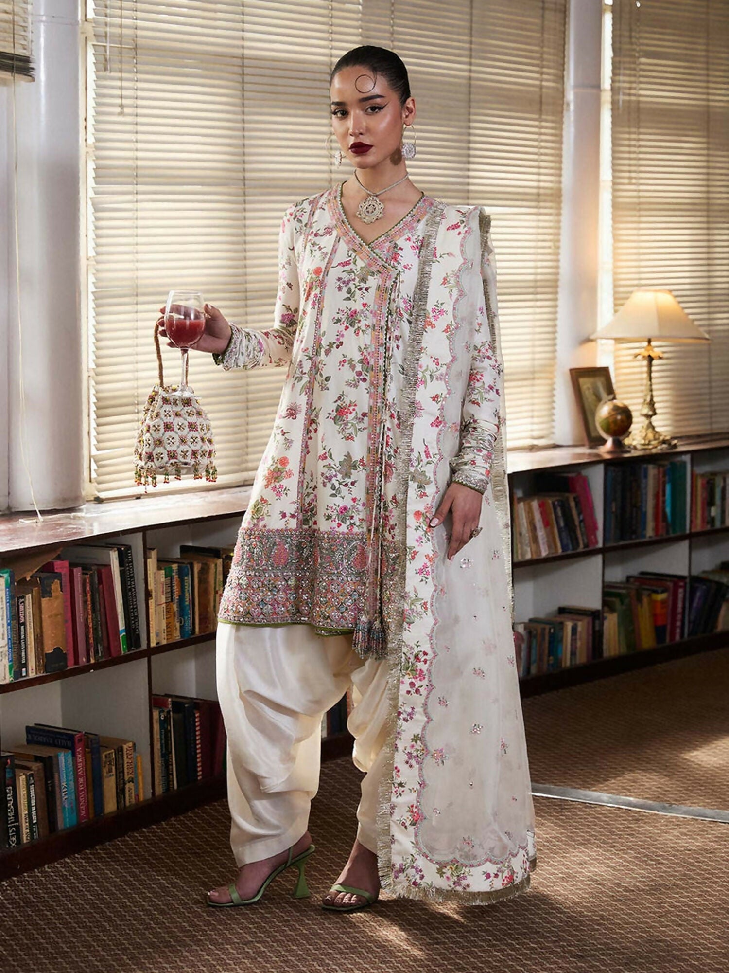 Hussain Rehar Ivorish Pearl 3-piece raw silk digital printed angrakha with hand embellishments, ivory raw silk shalwar, and embroidered organza dupatta