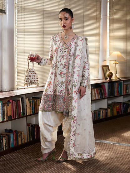 Hussain Rehar Ivorish Pearl 3-piece raw silk digital printed angrakha with hand embellishments, ivory raw silk shalwar, and embroidered organza dupatta
