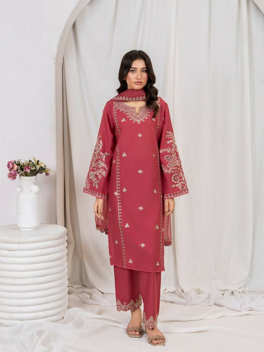 Stylish Collection Saya Pret Linen Chambray Embroidered 3-Piece Suit-Pink Opal