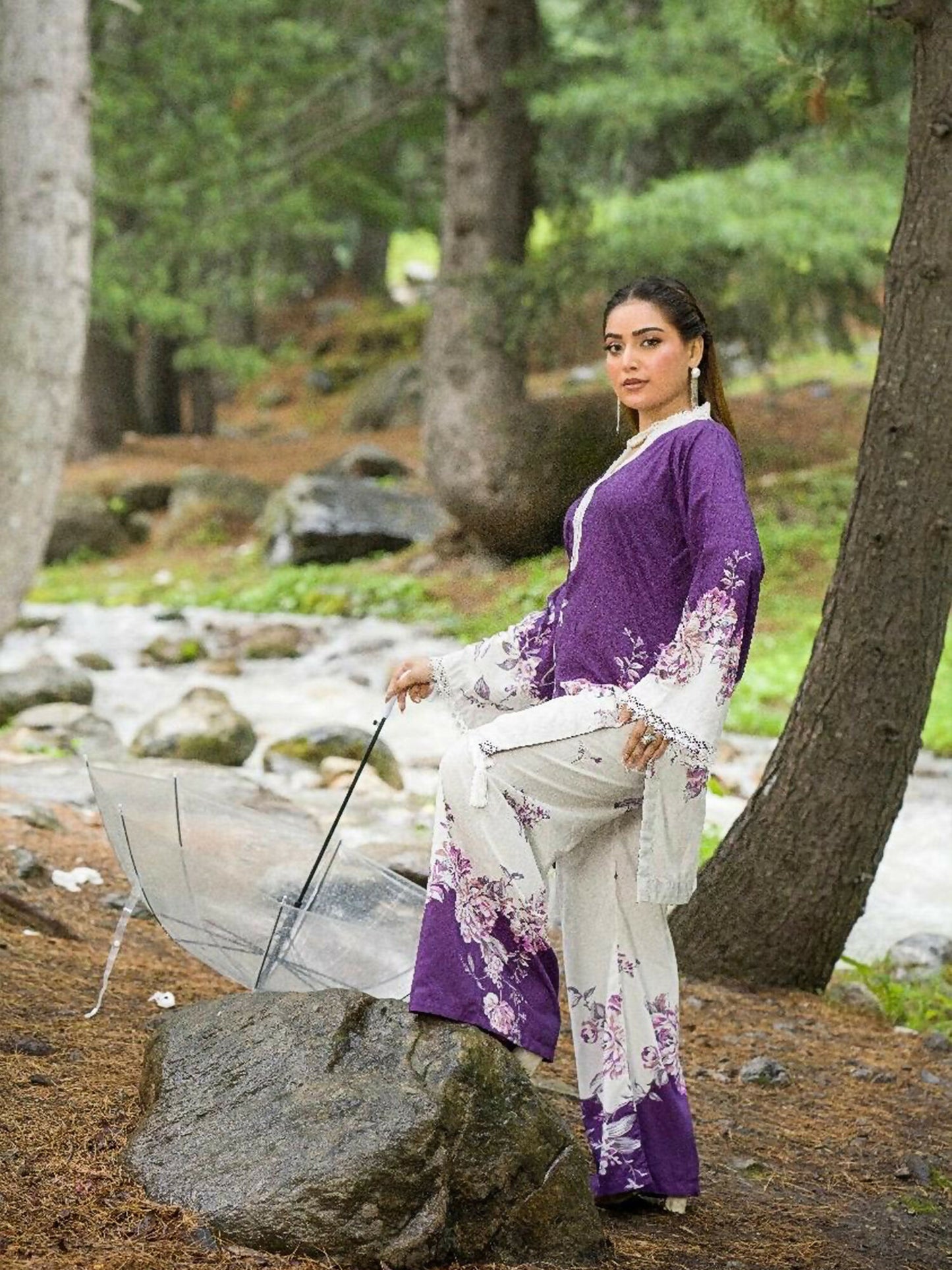 HU Studios Doriya Linen Printed Stitched 2-Piece Suit-Lavender Charm