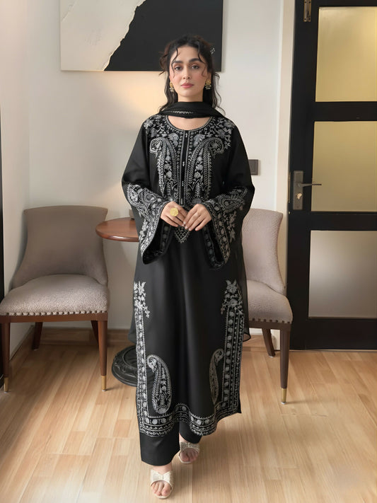 Tawakal Closet Linen Embroidered Stitched 3-Piece Suit-Alize Black