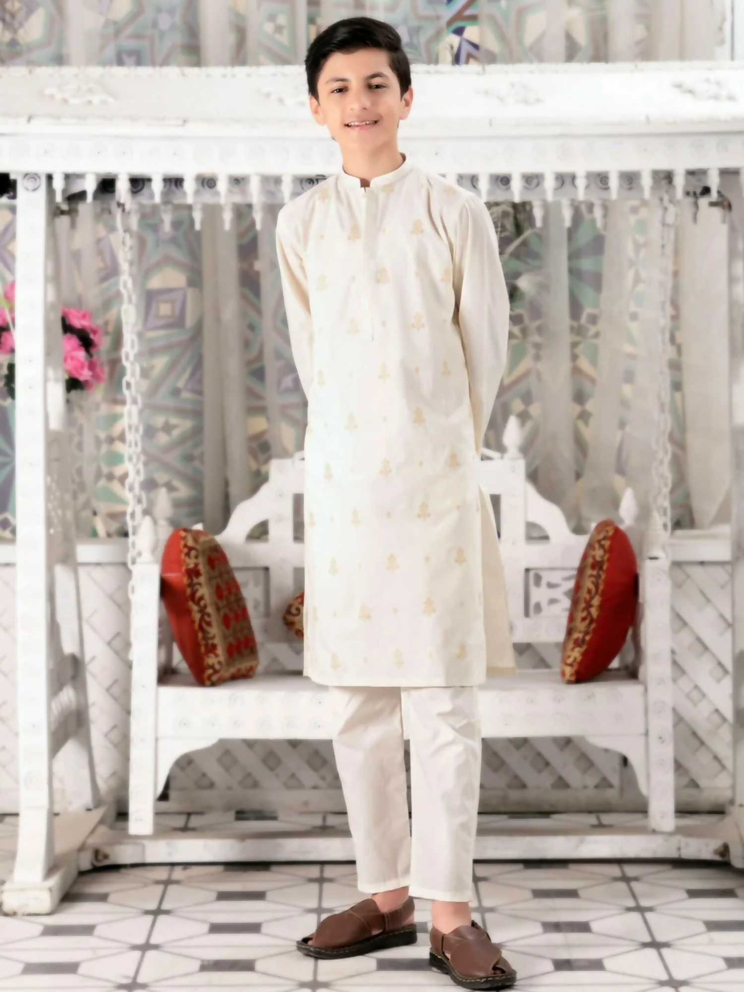 white-White-Velvour Boys Cotton Embroidered Stitched Kurta Trouser Suit-VB139