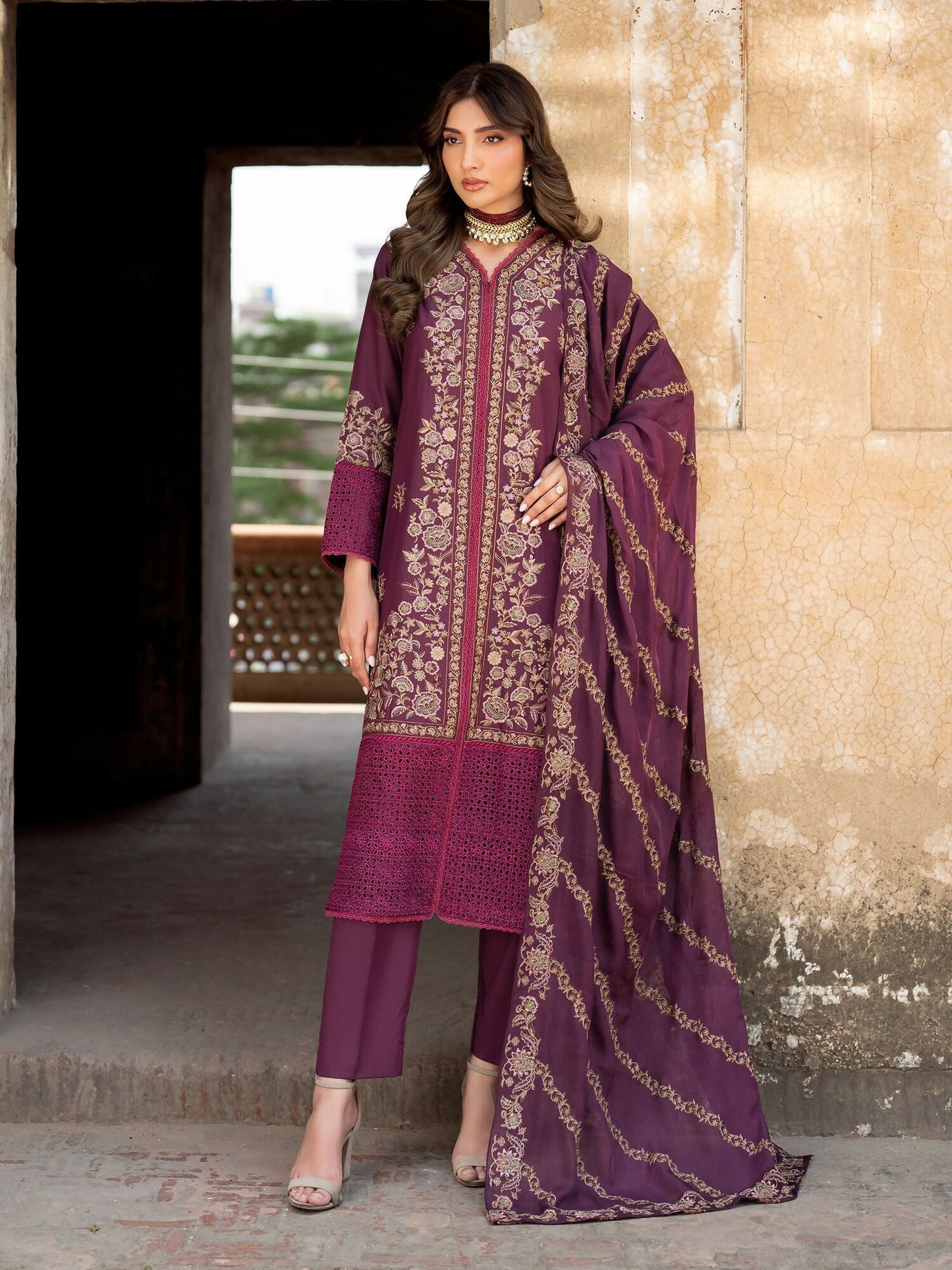 Panache Apparel Rang-e-Bahar Lawn Embroidered Stitched Suit-Almas