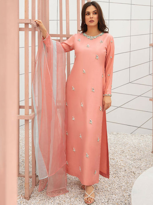 Allure By IH Raw Silk Embellished Stitched 3-Piece Suit-First Blush