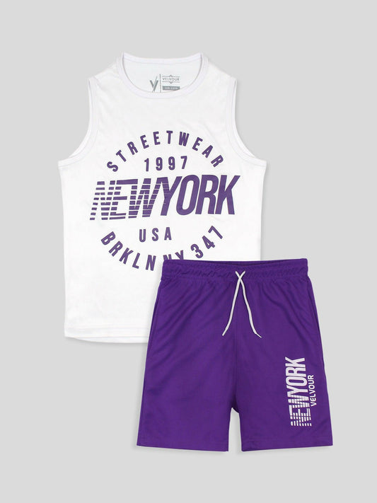 Purple and White Velvour Boys & Girls Printed Track Suit-VST58-B