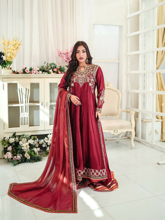 Farooq Hameed Studio Wedding Festive'25 Pure Glass Silk Embroidered Stitched 3-Piece Suit-Zelea