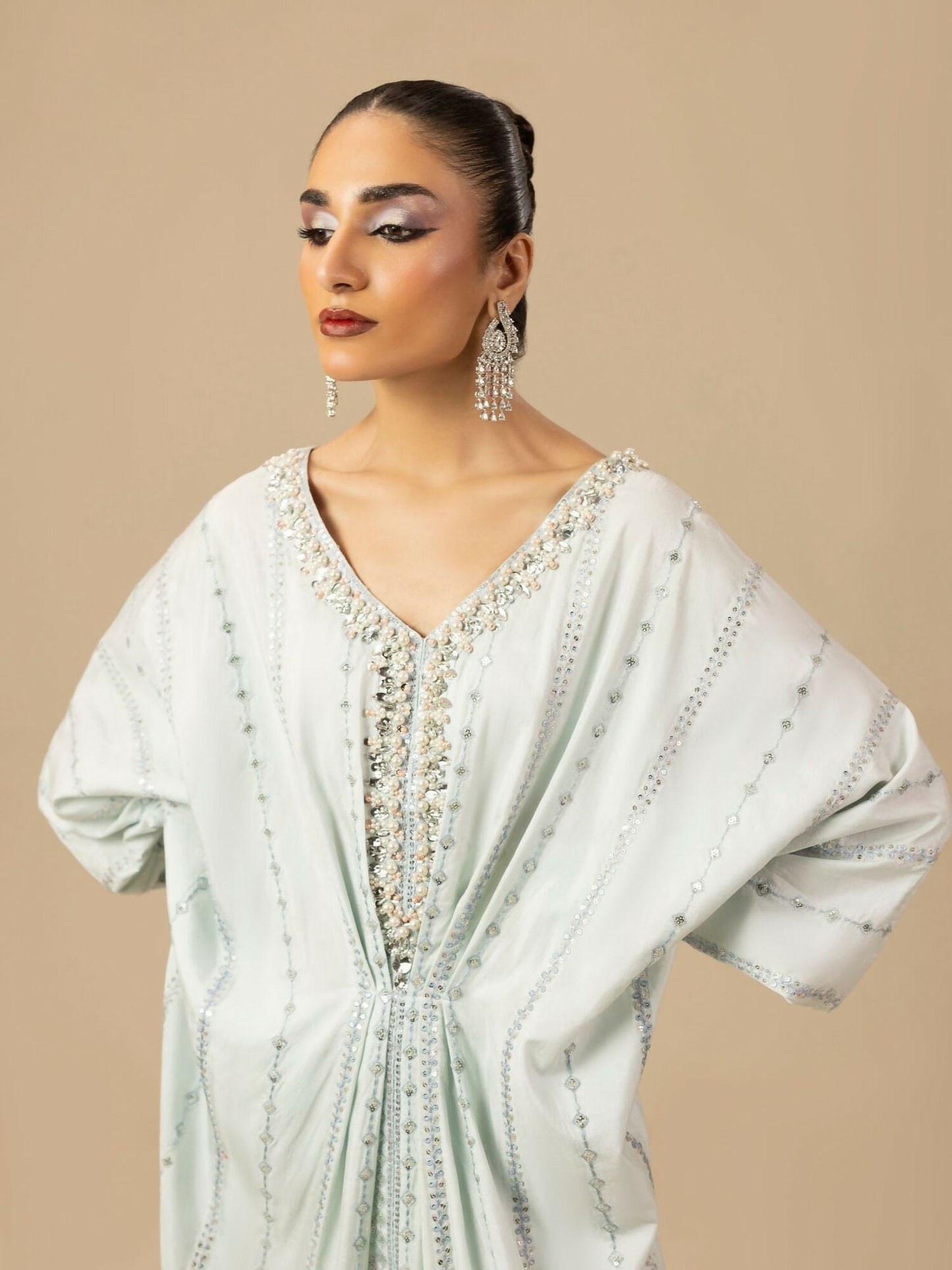 Shurooq Garden Of Dreams Silk Embroidered Kaftan Set-Frost