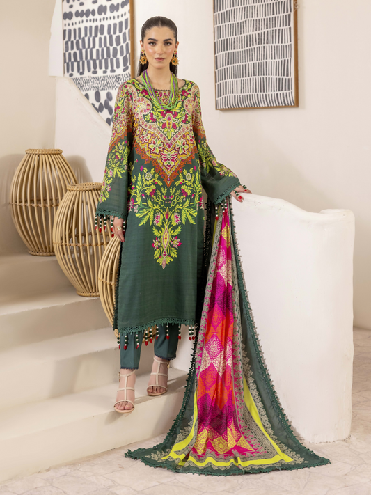 Girl standing wearing an unstitched 3-piece suit with premium digital printed slub lawn shirt, abstract digital printed pure voile dupatta, and dyed cotton trouser, perfect for vibrant summer fashion.