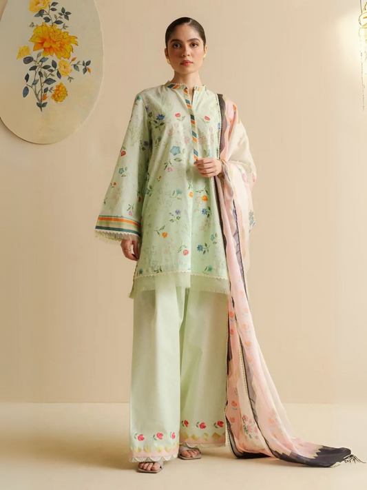 Unstitched 3-piece printed suit with multicoloured floral lawn shirt, printed cambric trouser, and digital printed silk dupatta.