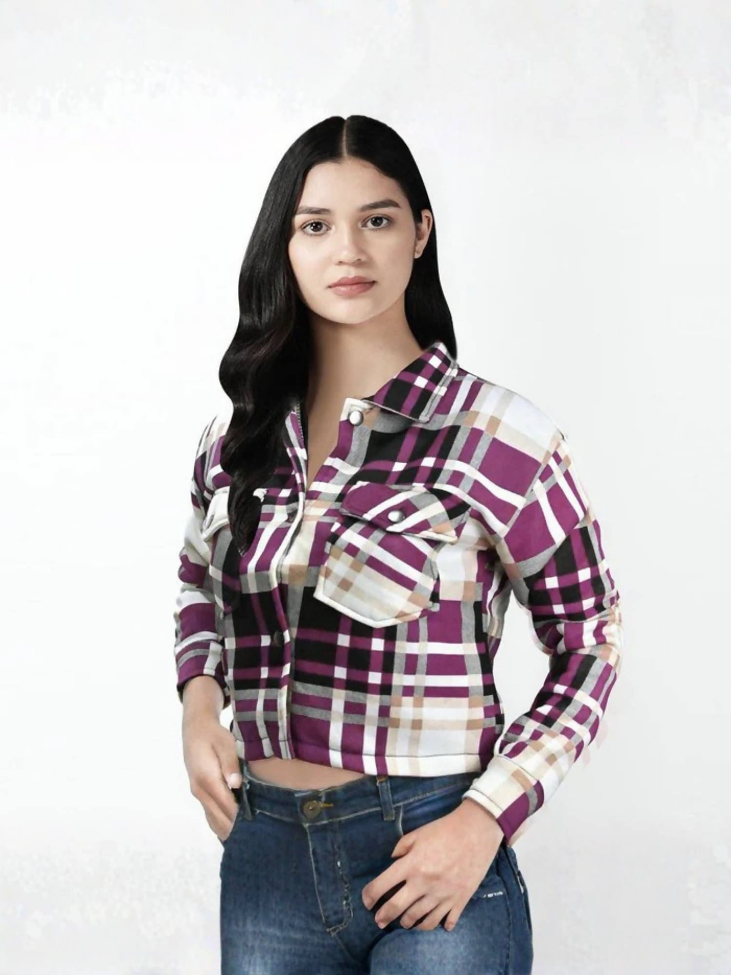 Purple Jupiter Women Cropped Tartan Style Vogue Jacket-14686