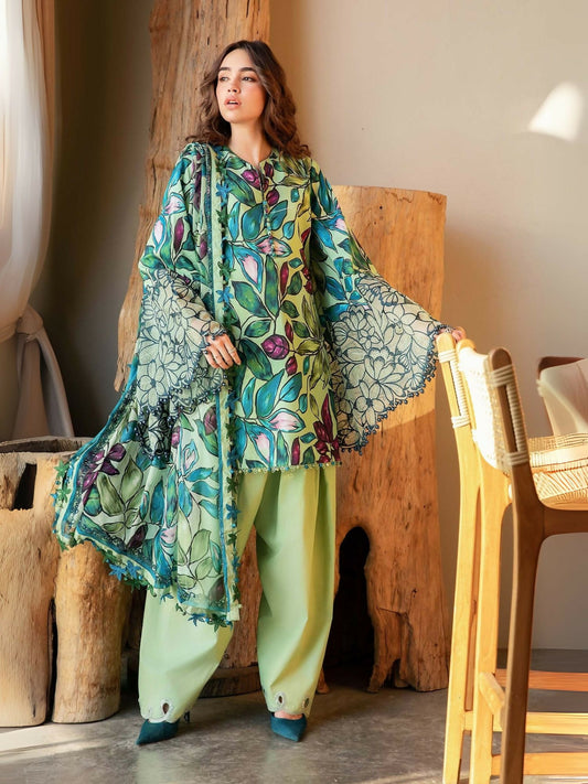 Maria.B green printed lawn shirt with dual embroidered organza pattis, dyed cambric trouser, and printed chiffon dupatta