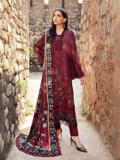 Maria.B maroon linen embroidered outfit with printed herringbone shawl.