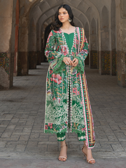 Embroidered front digital printed shirt with organza neckline, lace, and sleeve motifs, paired with chiffon dupatta and cotton trouser.