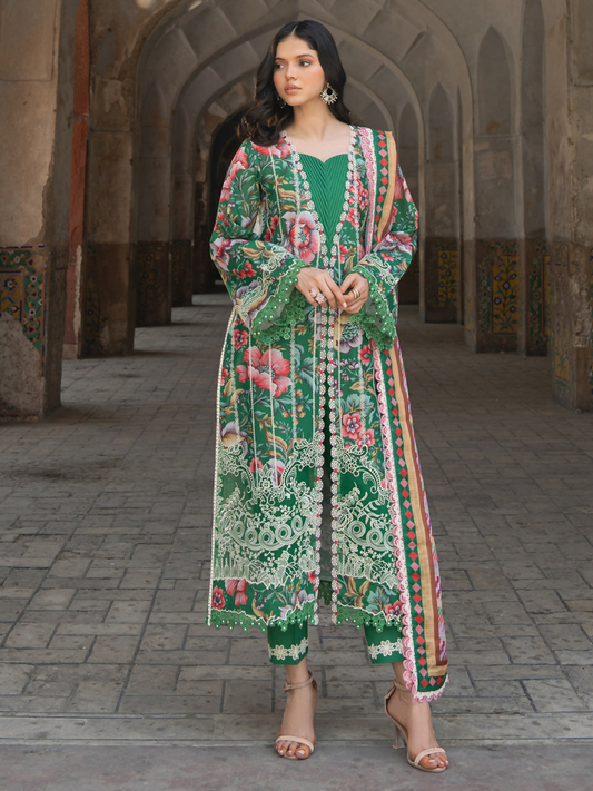 Embroidered front digital printed shirt with organza neckline, lace, and sleeve motifs, paired with chiffon dupatta and cotton trouser.
