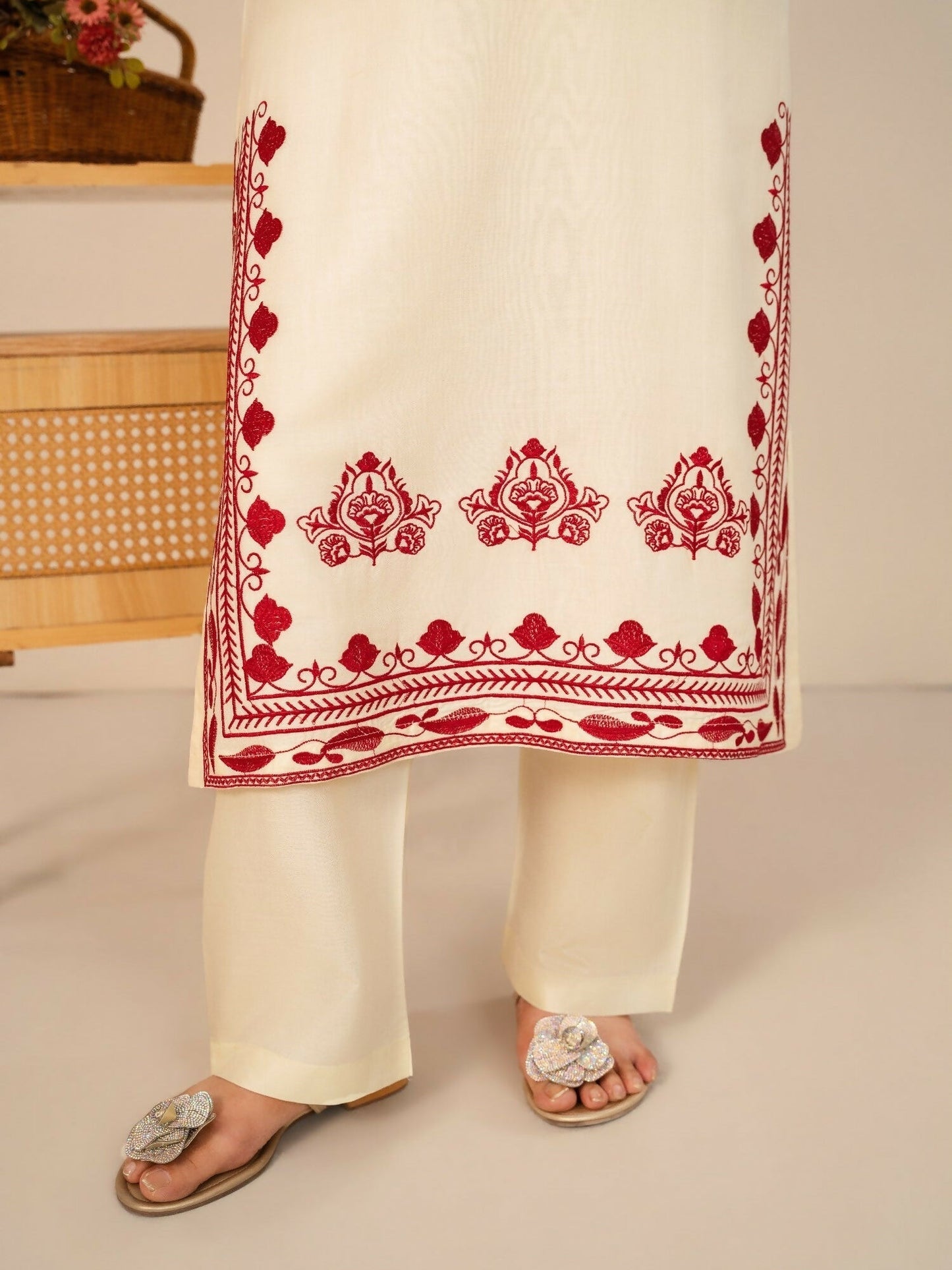 Stylish Collection Whisper Pret Linen Embroidered Stitched 3-Piece Suit-Laal Bahar