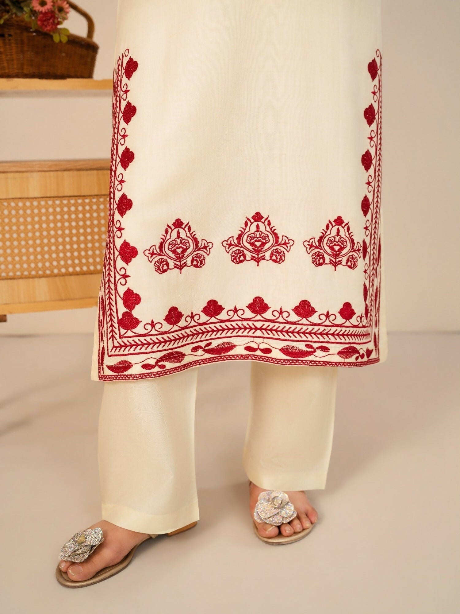 Stylish Collection Whisper Pret Linen Embroidered Stitched 3-Piece Suit-Laal Bahar