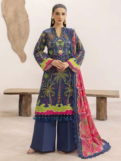 Girl standing wearing an unstitched 3-piece suit with premium digital printed slub lawn shirt, digital printed pure voile dupatta, and dyed cotton trouser, ideal for breathable and elegant summer wear