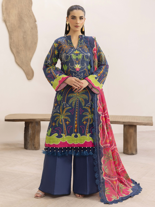 Girl standing wearing an unstitched 3-piece suit with premium digital printed slub lawn shirt, digital printed pure voile dupatta, and dyed cotton trouser, ideal for breathable and elegant summer wear