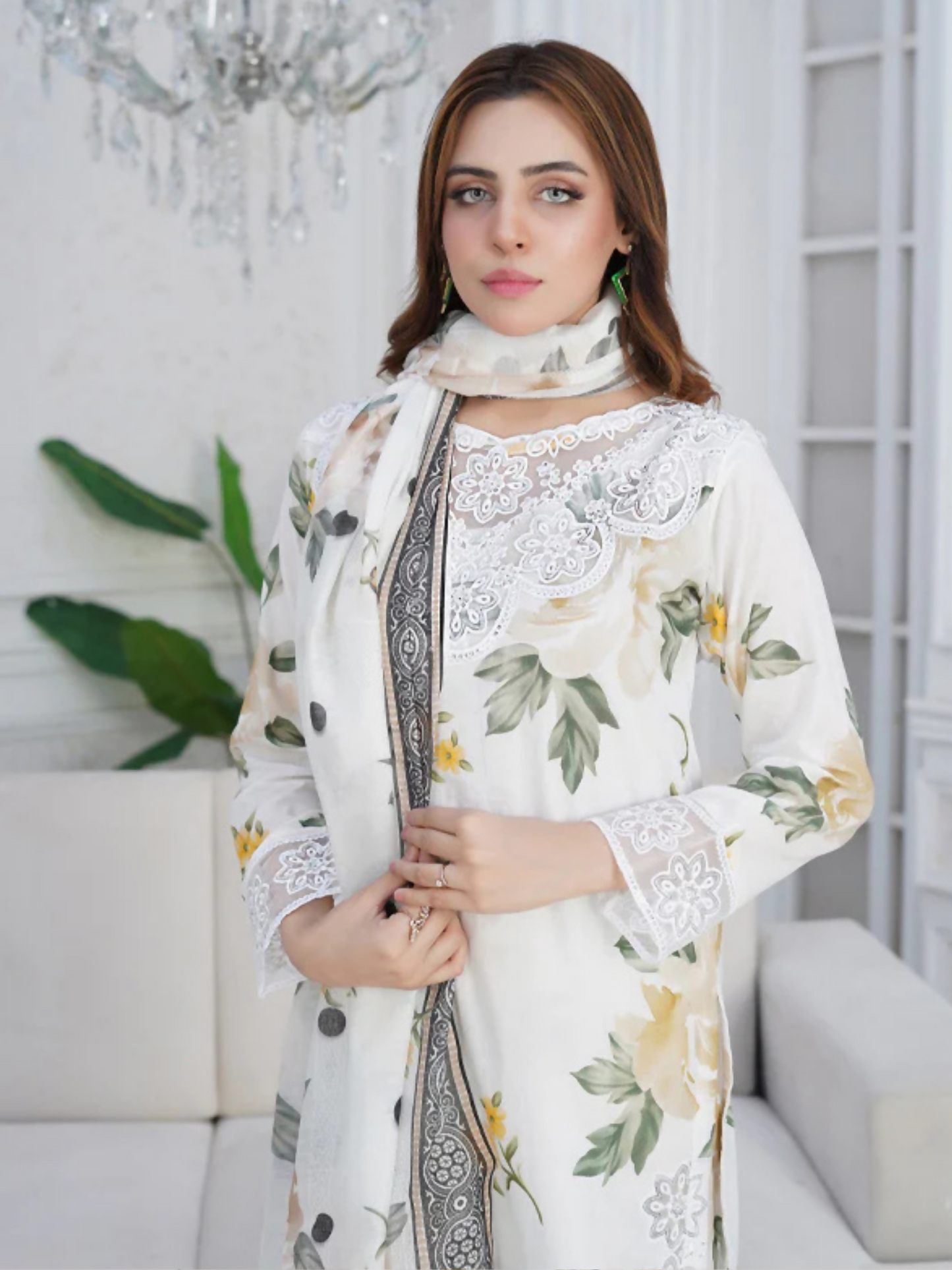MH Cloth House Cotton Lawn Embroidered Stitched 3-Piece Suit-Mahro