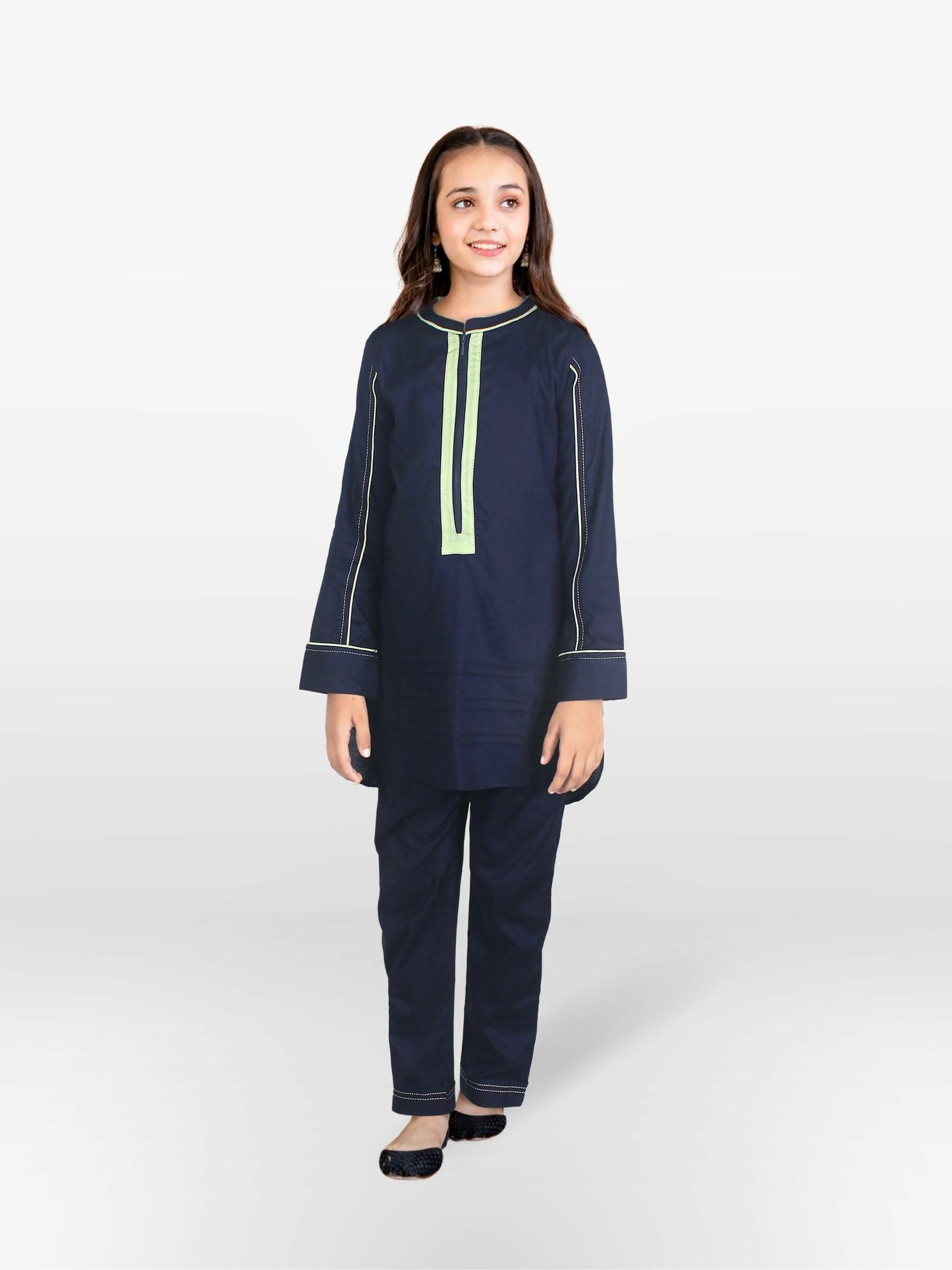 Navy and Light Lemon Velvour Girls Stitched 2-Piece Suit-VG104-A