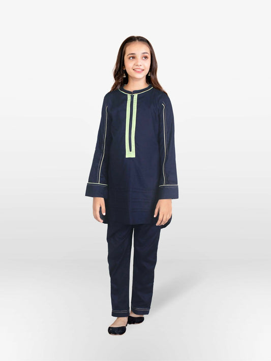 Navy and Light Lemon Velvour Girls Stitched 2-Piece Suit-VG104-A