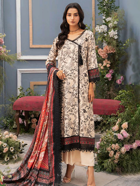 Mausummery unstitched 3-piece suit with digital printed Linen Doria shirt and dupatta, paired with dyed linen trouser for stylish winter wear.