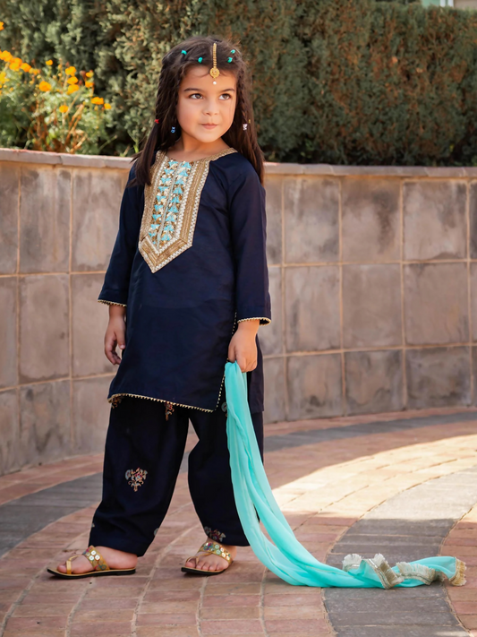 Kidoz Kloset Cotton Silk Embroidered Stitched 3-Piece Suit-Stary Night