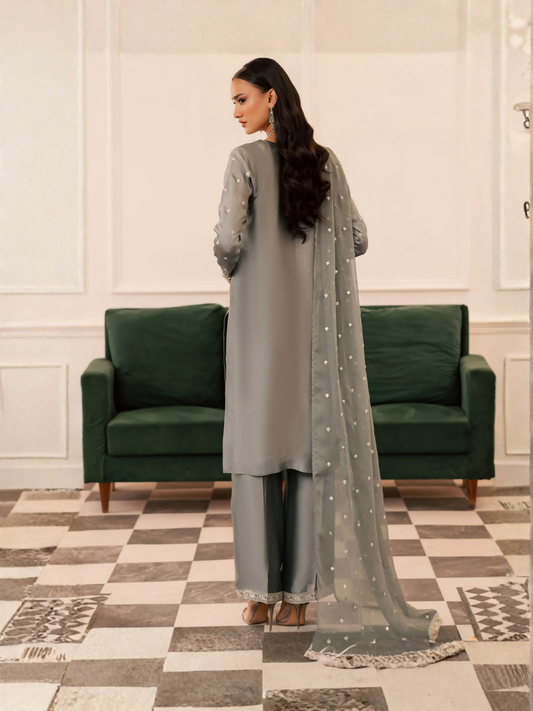 Allure By IH Be-My-Guest Thai silk Embroidered Stitched 3-Piece Suit-Wild Cold