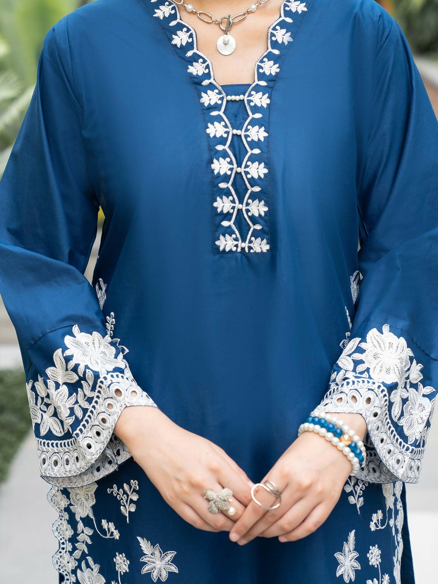 Panache Apparel Solid Story Cotton Lawn Embroidered Stitched Suit-Blue Petal